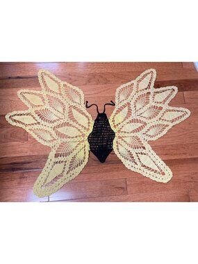 Handmade Crochet Butterfly Doily 31"x18" Yellow & Black